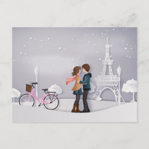 Couple in Snowy Paris mit Eiffelturm Postkarte