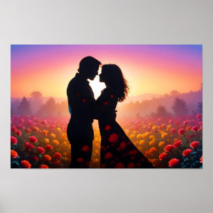 Couple Liebe Romantische Sonnenuntergang Silhouett Poster