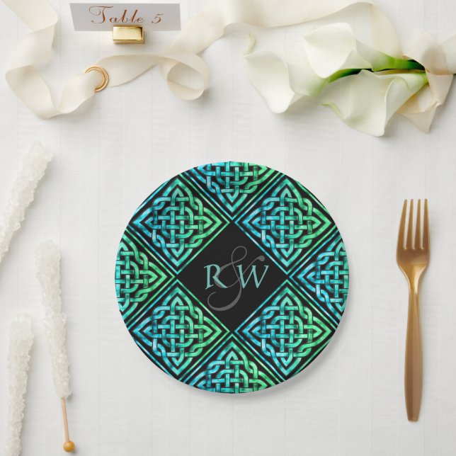 Couple Monogram Celtic Blue Green Paper Teller (Hochzeit)