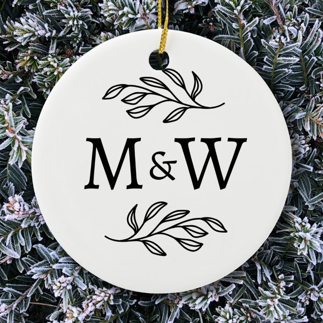 Couple Monogram Eleganical Botanical Keramik Ornament (Couple monogram initials personalized botanical leaves ceramic ornament)
