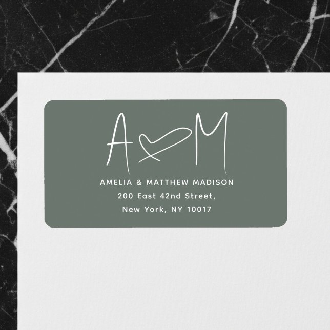 Couple Monogram Heart Green Return Address Adressaufkleber (Von Creator hochgeladen)