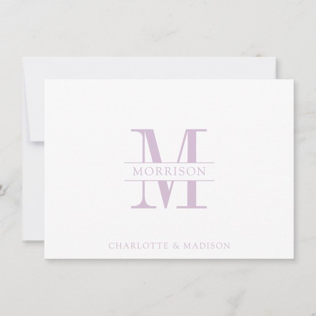 Couple Monogram Minimalistisch Lavendel White Mitteilungskarte (Vorderseite)