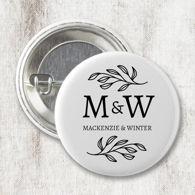 Couple Monogram Names Wedding Elegant Botanical Button (Modern wedding couple monogram initials name personalized botanical leaf button)
