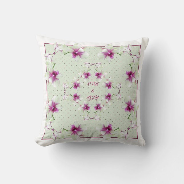 Couple Monogram Red Green Orchids Pillow Kissen (Vorderseite)