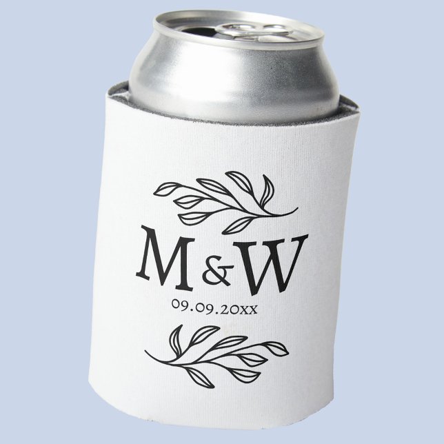 Couple Monogram Wedding Date Elegant Botanical Dosenkühler (Modern wedding couple monogram initials date botanical leaf can cooler)