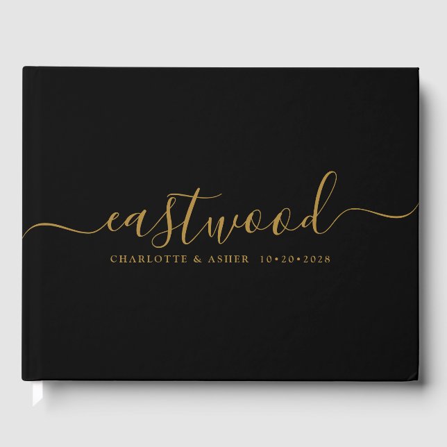 Couple Name Wedding Gold Monogram Black Gästebuch (Vorderseite)
