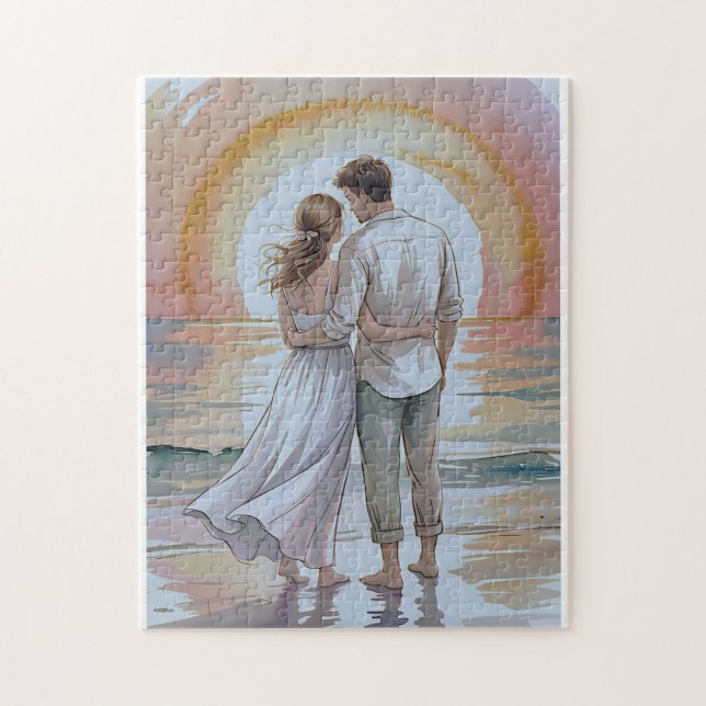 Couple on the beach at sunset puzzle (Vertikal)