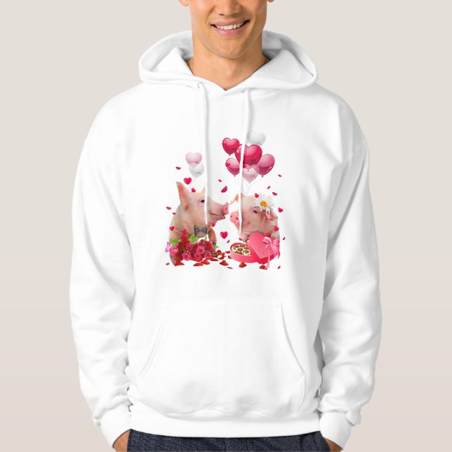 Couple Pig Liebe Hearts Balloons Valentinstag Lov Hoodie (Vorderseite)