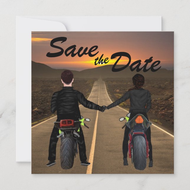 Couple Riding Motorräder at Sunset Wedding Rett T Save The Date (Vorderseite)