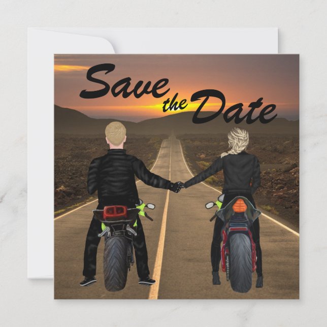 Couple Riding Motorräder bei Sonnenuntergang Save The Date (Vorderseite)