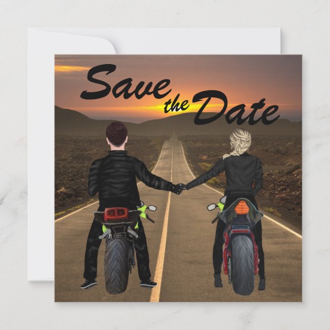Couple Riding Motorräder bei Sonnenuntergang Save The Date (Vorderseite)