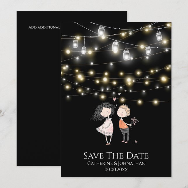 Couple stehend unter Lichterketten Cartoon Save The Date (Vorne/Hinten)