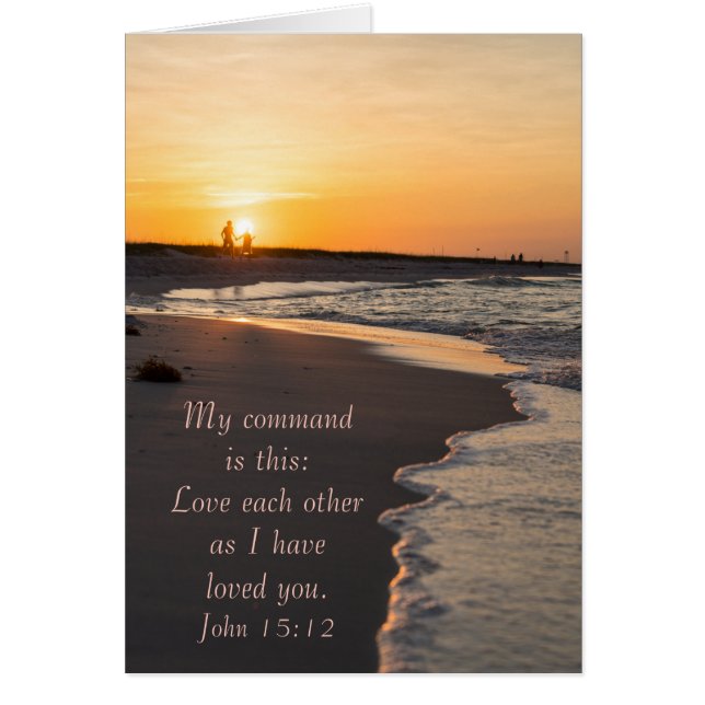 Couple Walking Beach bei Sunrise John 15:12 Karte (Vorne)