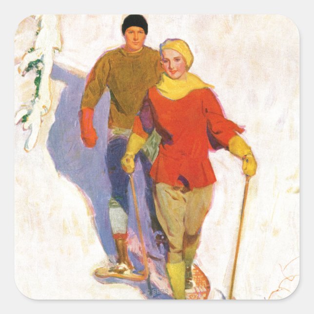 Couple Wearing Snowschuhe von McClelland Barclay Quadratischer Aufkleber (Vorderseite)