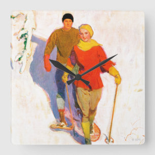 Couple Wearing Snowshoes by McClelland Barclay Quadratische Wanduhr