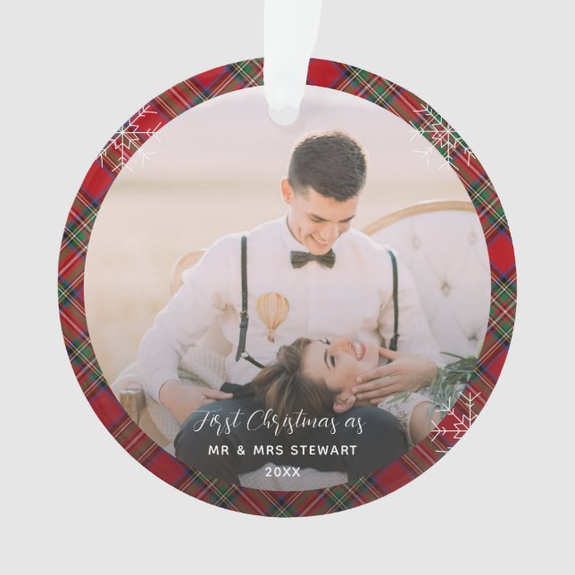Couple's First Christmas Fotos Stewart Tartan Ornament (Vorderseite)