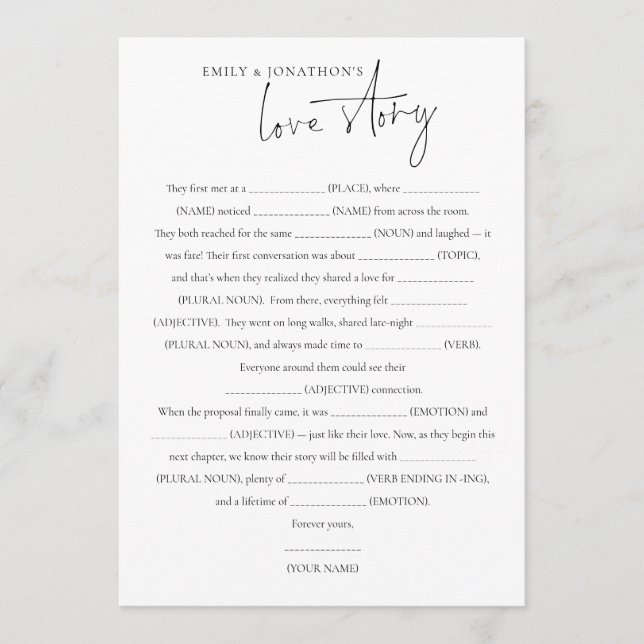 Couples Liebe Story Wedding Game Card Einladung (Vorderseite)