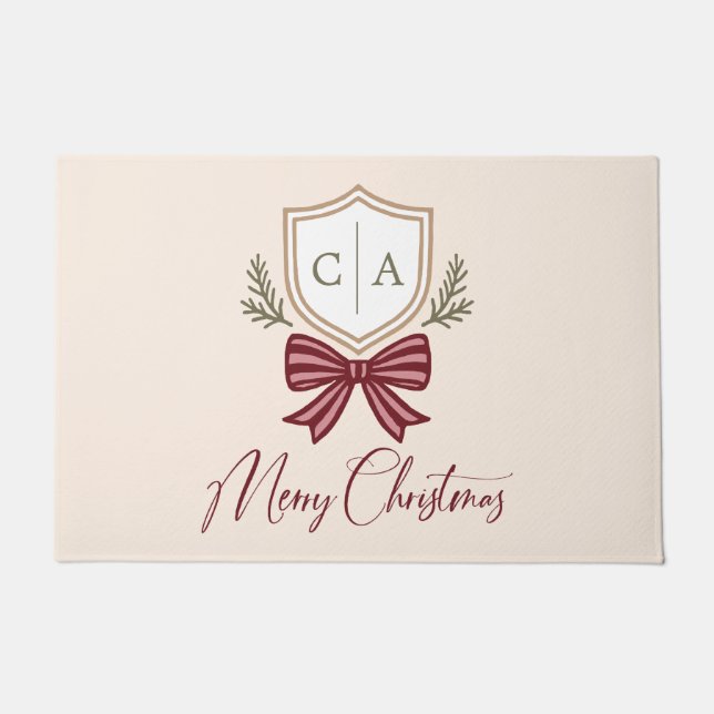 Couple's Monogram Wappen Holiday Bow Weihnachten Fußmatte (Vorderseite)