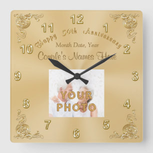 Couple's NAMES, DATE, PHOTO 50th Anniversary CLOCK Quadratische Wanduhr