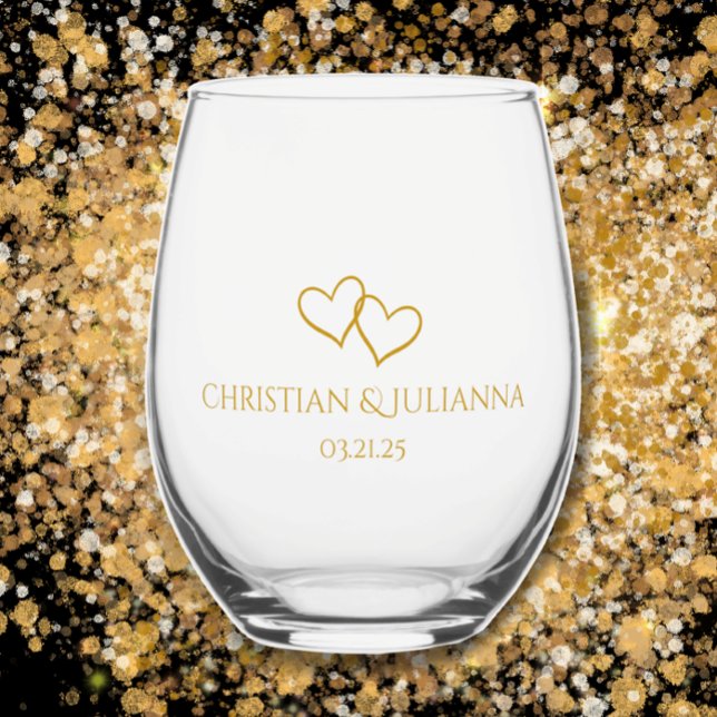 Couple's Names Date Simple Stylish Hearts Wedding Weinglas Ohne Stiel (Modern elegant custom couples names date keepsake glass. Unique hand drawn hearts. Chic golden gift.)