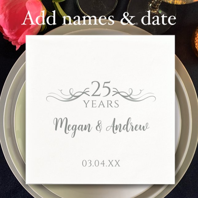 Couple's Names Modern 25th Wedding Anniversary Serviette (Add couple’s names and wedding anniversary date for elegant 25th wedding anniversary party napkins)
