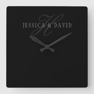 Couples Names & Surname Monogram Quadratische Wanduhr
