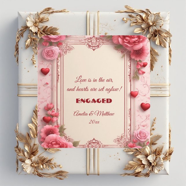 Couple's Romantic Pink Heart Motifs Floral Engaged Quadratischer Aufkleber (Couple's Romantic Pink Heart Motifs Floral Engaged Square Sticker)