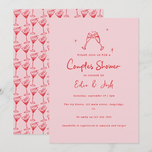 Couples shower modern pink red elegant handwritten einladung (Vorne/Hinten)