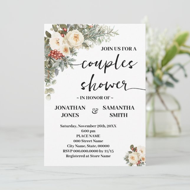 Couples Shower White Winter Flowers Einladung (Stehend Vorderseite)