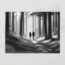 Couple's Silhouette Spaziergang durch den Waldweg Postkarte