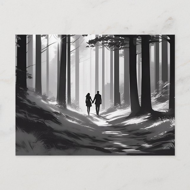 Couple's Silhouette Spaziergang durch den Waldweg Postkarte (Vorderseite)