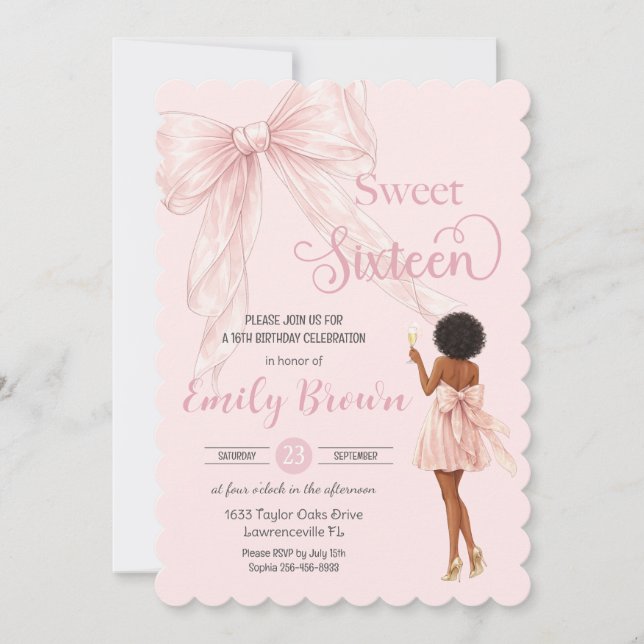 Couquette Blush Bow Brown Fashion Girl Sweet 16 Einladung (Vorderseite)