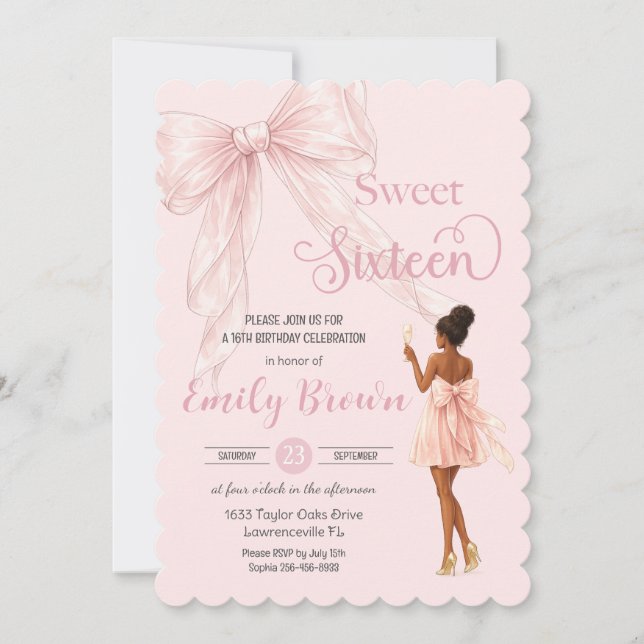 Couquette Blush Bow Brown Fashion Girl Sweet 16 Einladung (Vorderseite)