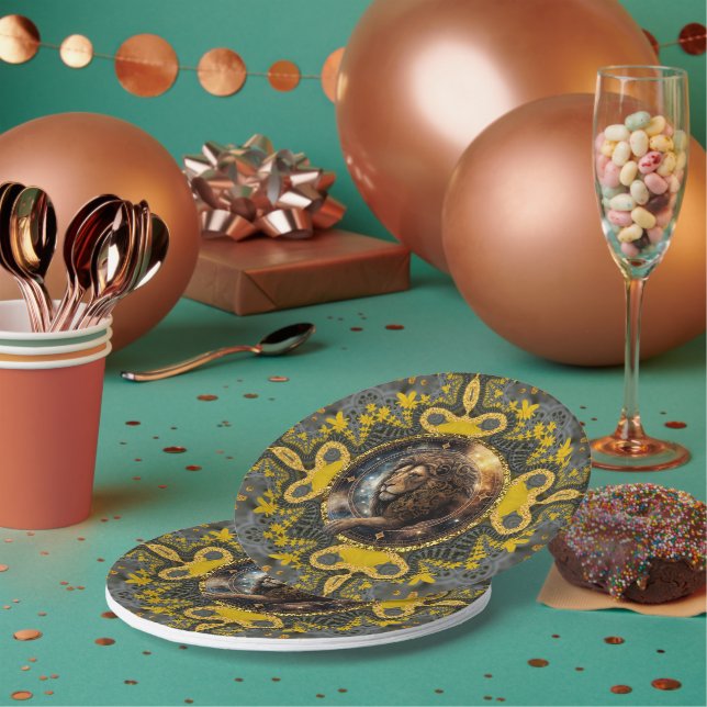 Courageous Leo Zodiac Gelbes Fraktal Mandala Pappteller (Multi)