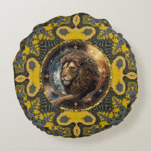 Courageous Leo Zodiac Gelbes Fraktal Mandala Rundes Kissen