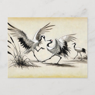 Courship Dance of Two Cranes in the Marsh Chinese Postkarte