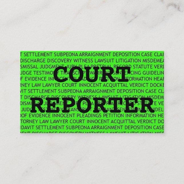 Court Reporter Words Business Card in Neon Green Visitenkarte (Vorderseite)