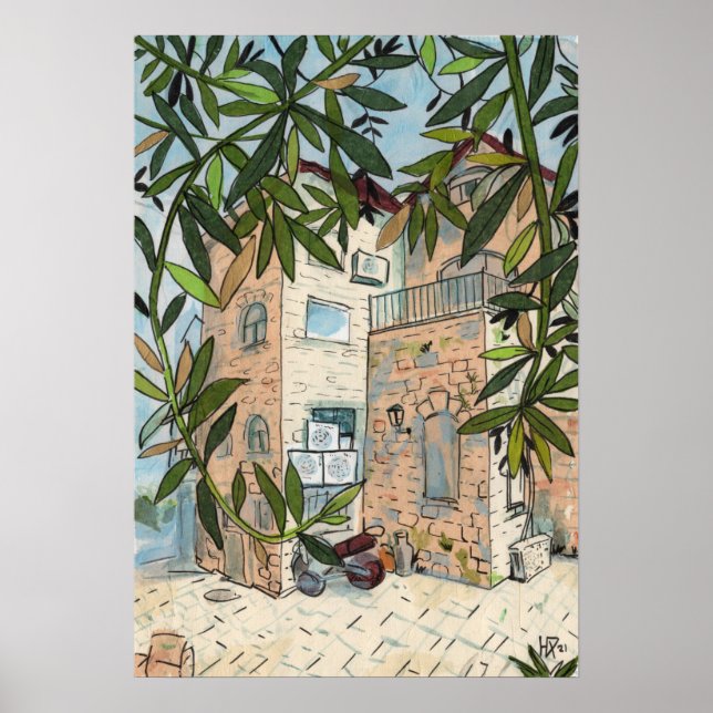 Courtyard in Haifa Israel City Collage Sketch Poster (Vorne)