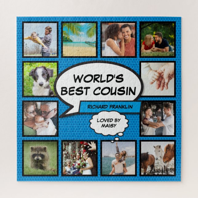 Cousin 12 Foto Collage Comic Buch Spaß blau Puzzle (Vertikal)