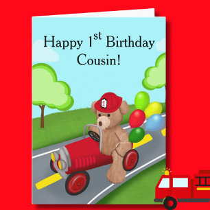 Cousin 1. Geburtstag Teddy Bären Feuerwehrwagen Karte