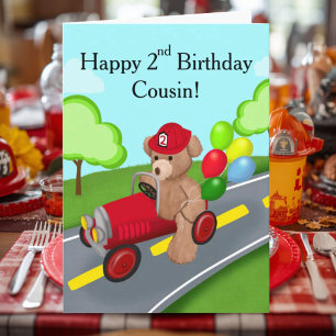 Cousin 2. Geburtstag Teddybär Feuerwehrwagen Karte