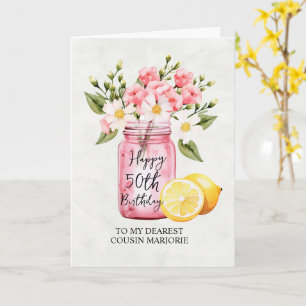 Cousin 50. Geburtstag Rosa Blumengrüße Karte