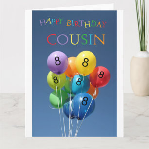 Cousin 8. Geburtstag bunte Ballons Karte