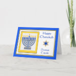 Cousin Chanukah Moderne Menorah Karte<br><div class="desc">Happy Chanukah Liebe Cousin,  zeitgenössische Menorah mit blauen Kerzen,  Papier Grußkarte. Digitale Illustration mit einer beleuchteten Menorah und einem Stern von David. Art,  Bild und Vers Copyright © Shoaff Ballanger Studios,  2024.</div>