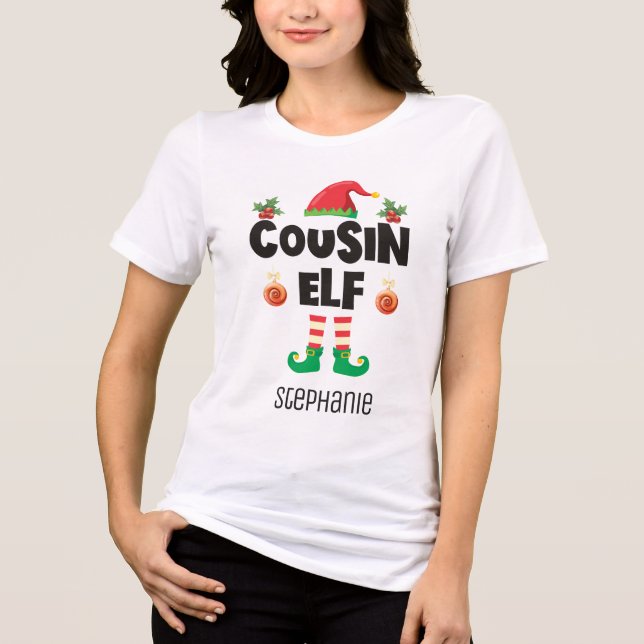 Cousin elf Familie passend Weihnachtskleidung Name Tri-Blend Shirt (Vorderseite)