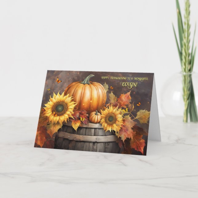 Cousin Erntedank Day mit Sonnenblumen Pumpkins Feiertagskarte (Vorderseite)