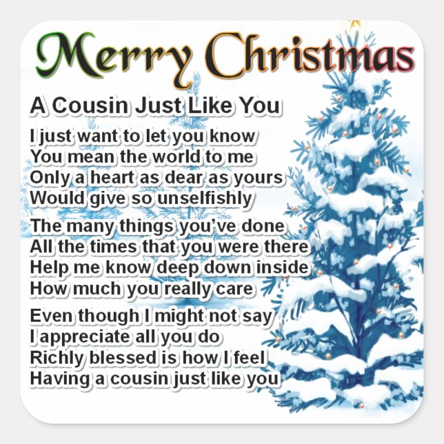 Cousin Gedicht - Weihnachtsdesign Quadratischer Aufkleber (Vorderseite)
