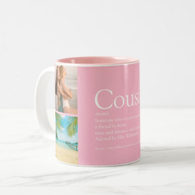 Cousin Girly Pink Foto Collage Fun Definition Zweifarbige Tasse (Vorderseite Links)