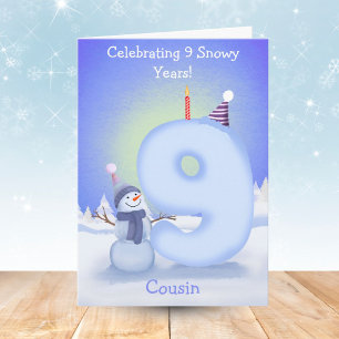 Cousin Happy 9. Geburtstag Schneemann Bauen Karte