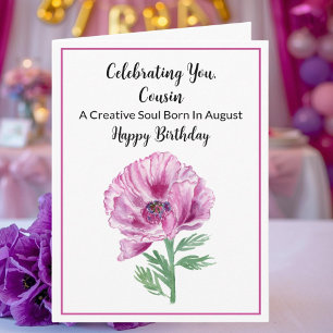 Cousin Happy August Geburtstag Purpur Mohnblume Karte